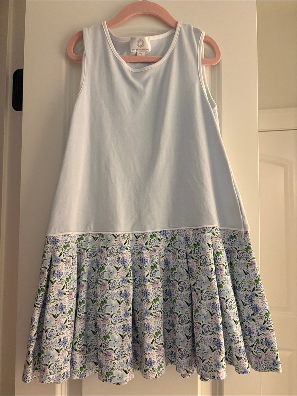 The Proper Peony Light Blue Sleeveless Floral-Trim Girls' Tennis Dress